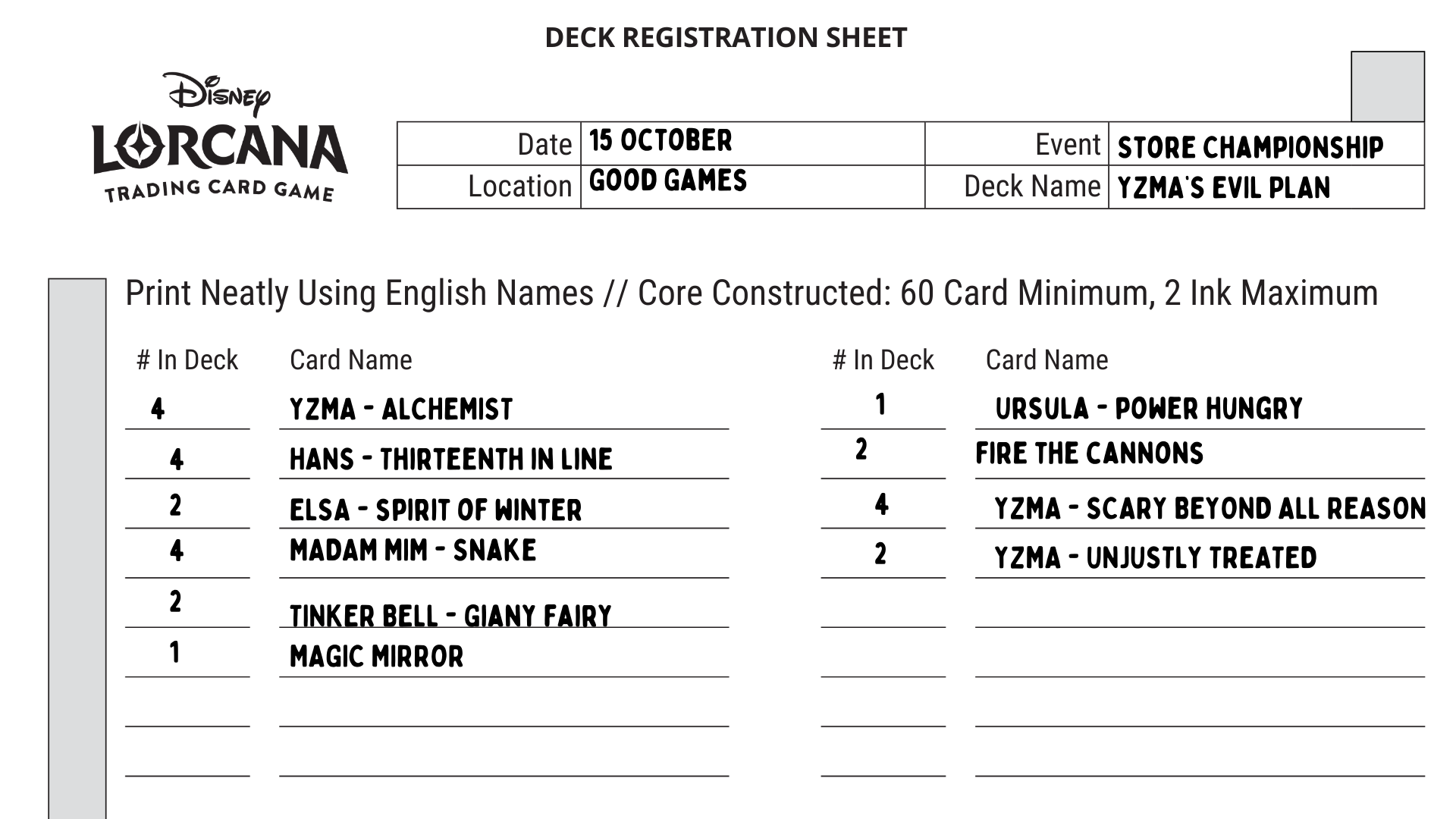 Lorcana Deck List Lorcana Deck List